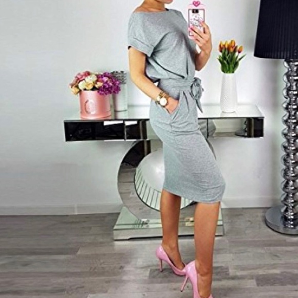 Adorable short sleeve belted cotton pencil dress